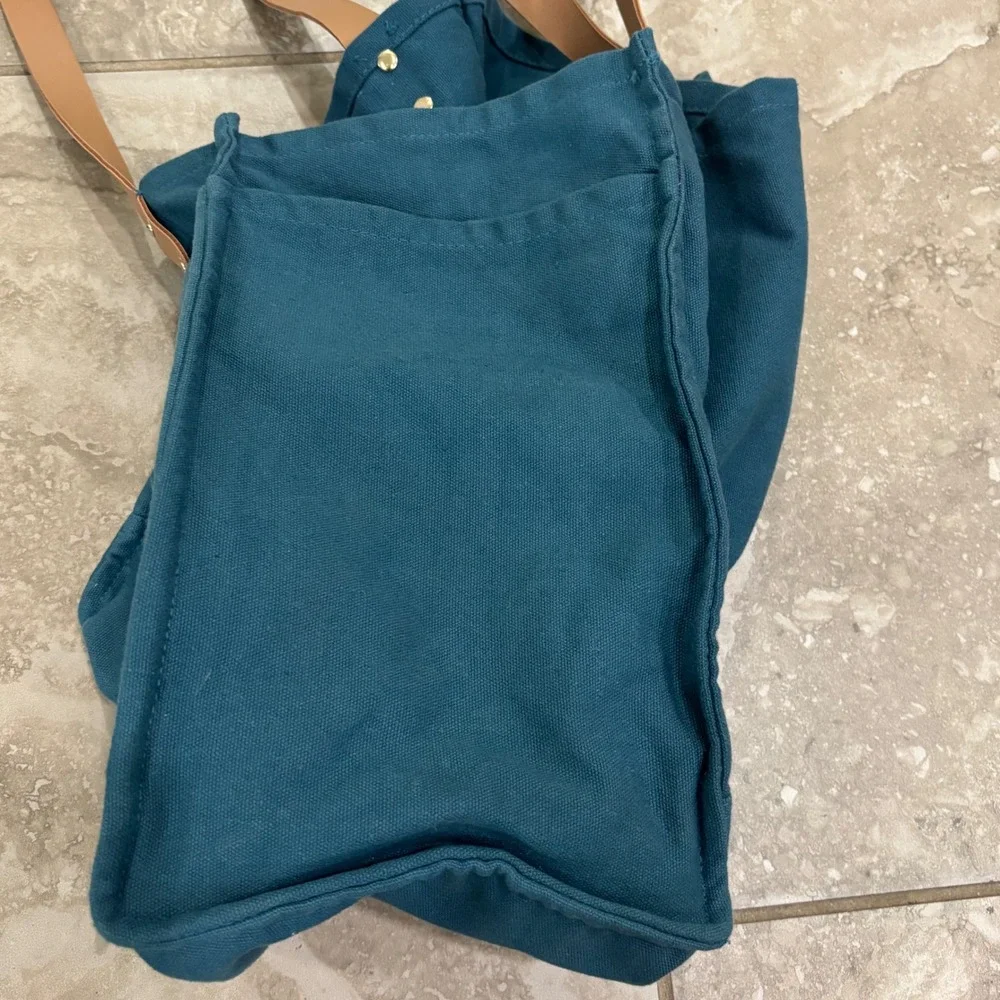 FEED Market Tote Bag Teal Blue Canvas Tan Straps Provides 3 Meals Grocery Bag